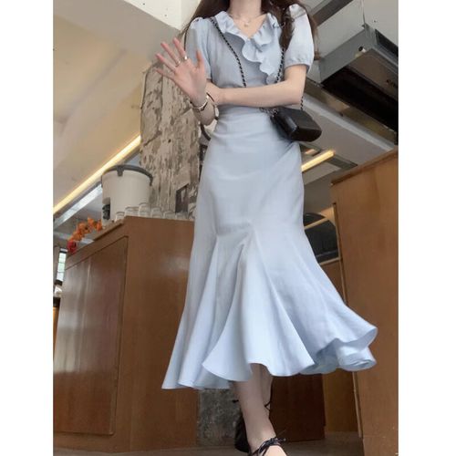 無(wú)品牌法式裙子夏季初戀時(shí)尚溫柔短袖連衣裙長(zhǎng)裙2023新款女裝衣服批發(fā)